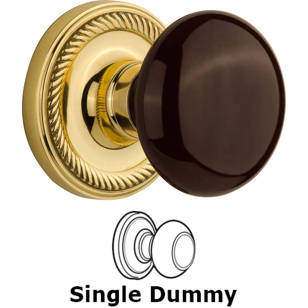 Nostalgic Warehouse Single Dummy - Rope Rose with Brown Porcelain Knob in Polished Brass