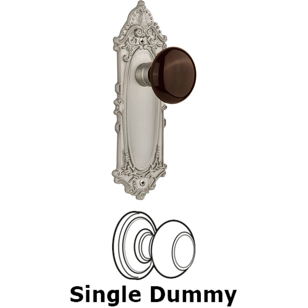 Nostalgic Warehouse Single Dummy - Victorian Plate with Brown Porcelain Knob without Keyhole in Satin Nickel