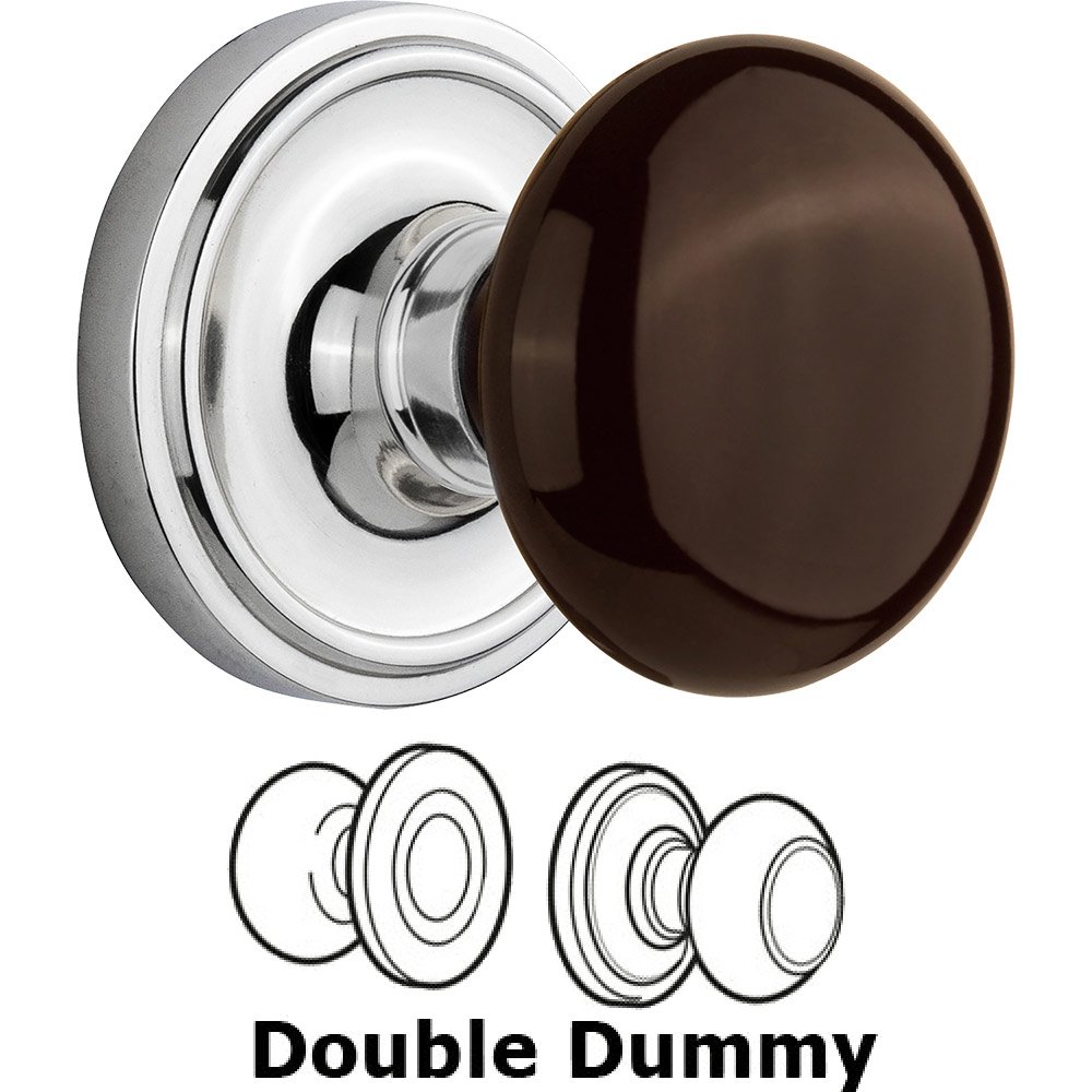 Nostalgic Warehouse Double Dummy Classic Rose with Brown Porcelain Knob in Bright Chrome
