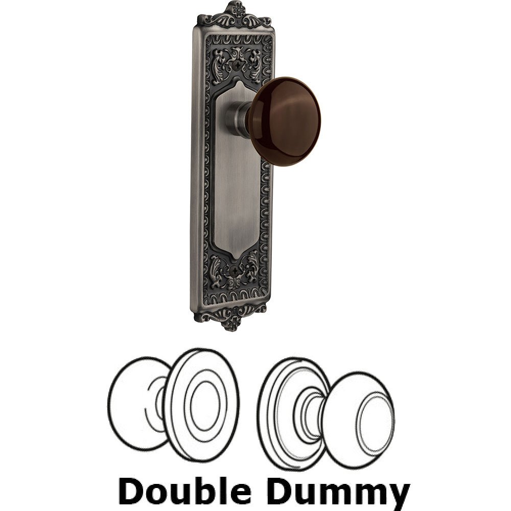 Nostalgic Warehouse Double Dummy - Egg and Dart Plate with Brown Porcelain Knob without Keyhole in Antique Pewter