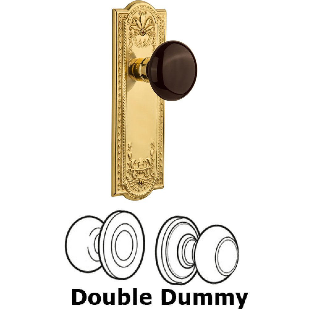 Nostalgic Warehouse Double Dummy - Meadows Plate with Brown Porcelain Knob without Keyhole in Polished Brass