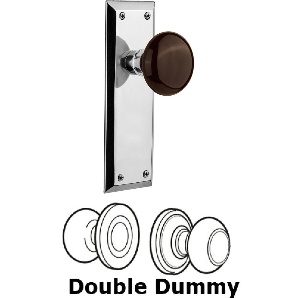 Nostalgic Warehouse Double Dummy - New York Plate with Brown Porcelain Knob without Keyhole in Bright Chrome