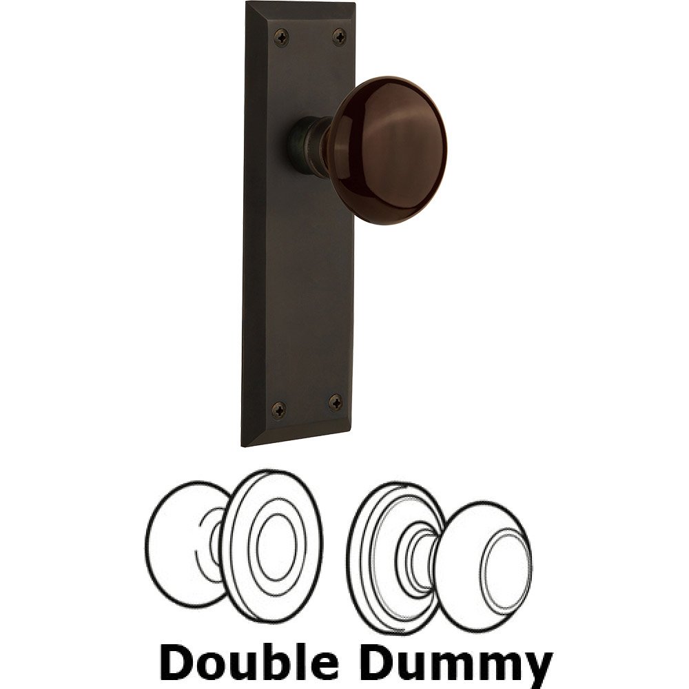 Nostalgic Warehouse Double Dummy - New York Plate with Brown Porcelain Knob without Keyhole in Oil Rubbed Bronze