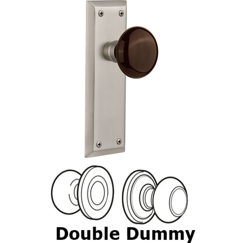Nostalgic Warehouse Double Dummy - New York Plate with Brown Porcelain Knob without Keyhole in Satin Nickel