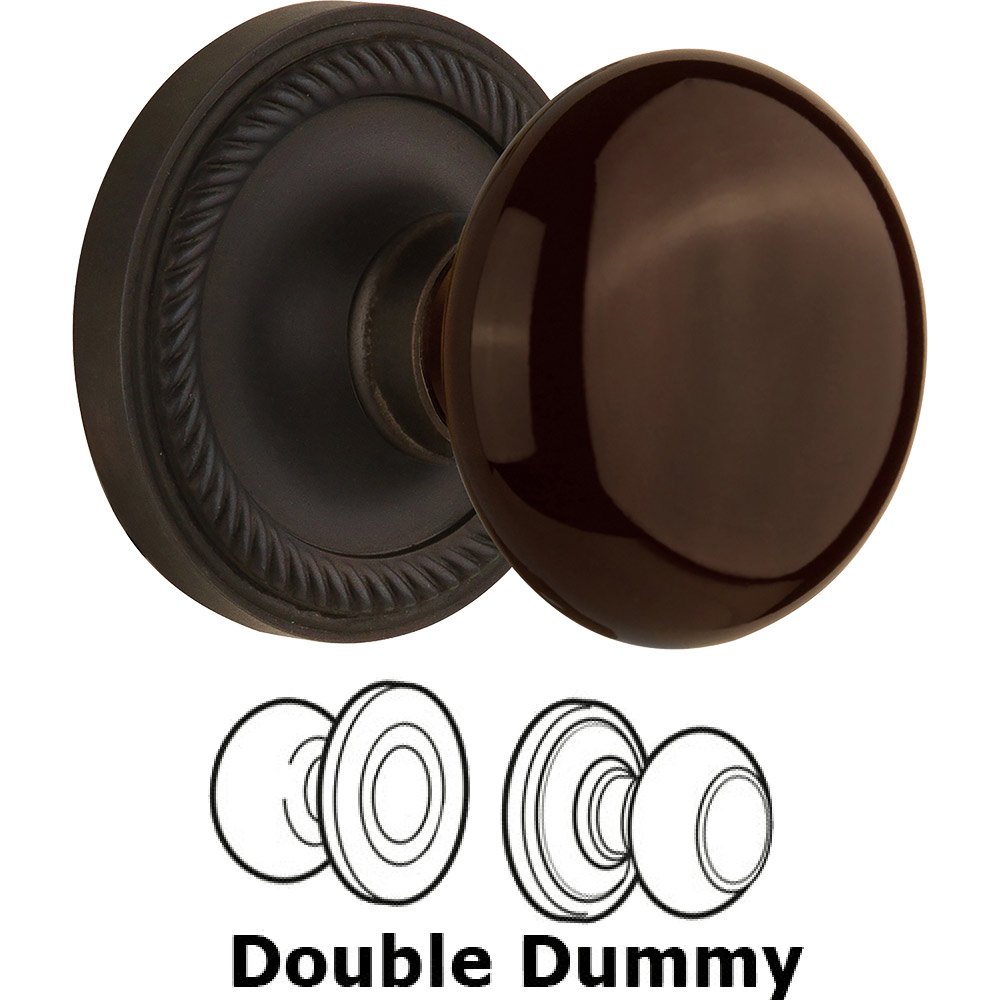 Nostalgic Warehouse Double Dummy - Rope Rose with Brown Porcelain Knob in Oil Rubbed Bronze