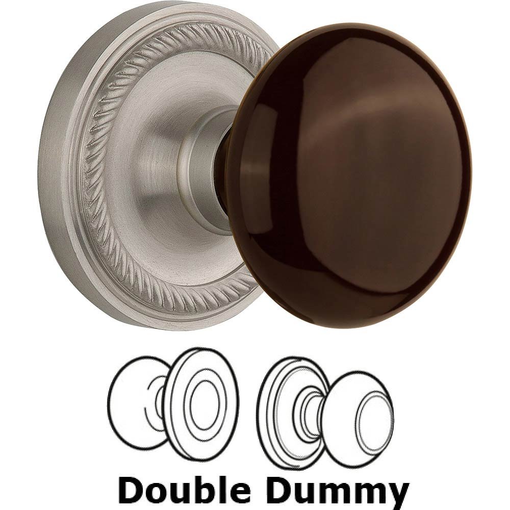 Nostalgic Warehouse Double Dummy - Rope Rose with Brown Porcelain Knob in Satin Nickel