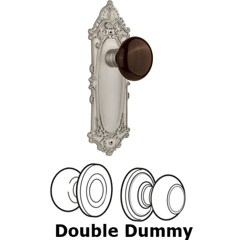 Nostalgic Warehouse Double Dummy - Victorian Plate with Brown Porcelain Knob without Keyhole in Satin Nickel