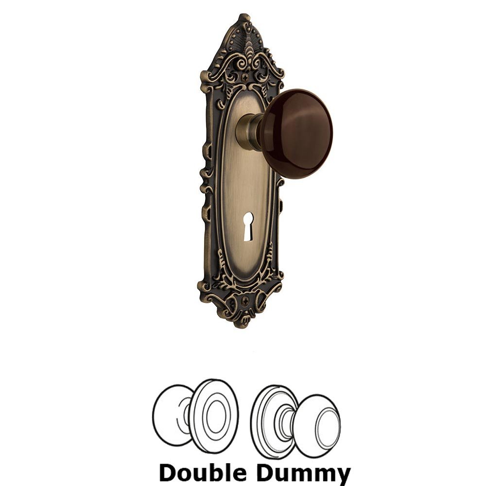 Nostalgic Warehouse Double Dummy - Victorian Plate with Brown Porcelain Knob with Keyhole in Antique Brass