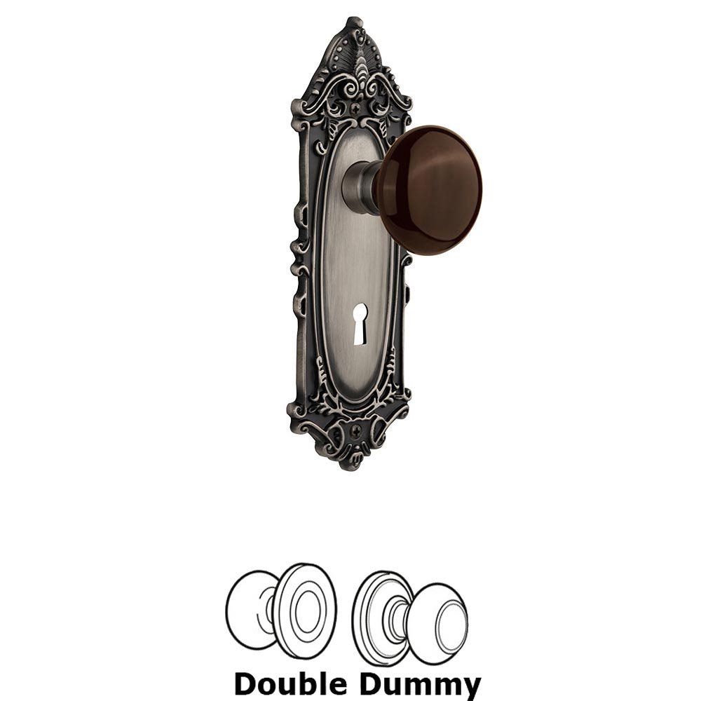 Nostalgic Warehouse Double Dummy - Victorian Plate with Brown Porcelain Knob with Keyhole in Antique Pewter