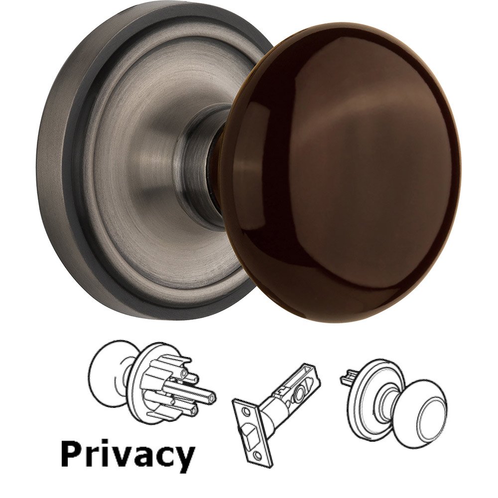 Nostalgic Warehouse Privacy Knob - Classic Rose with Brown Porcelain Knob in Antique Pewter