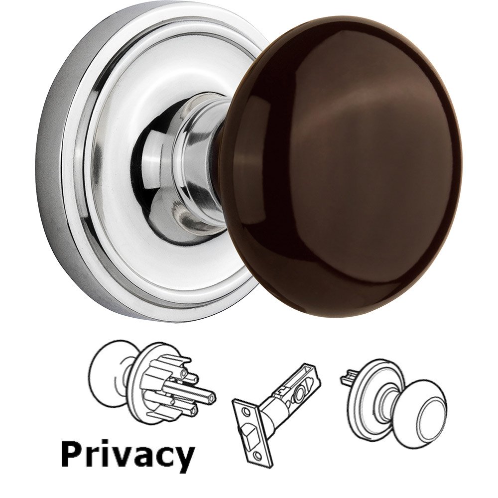 Nostalgic Warehouse Privacy Knob - Classic Rose with Brown Porcelain Knob in Bright Chrome