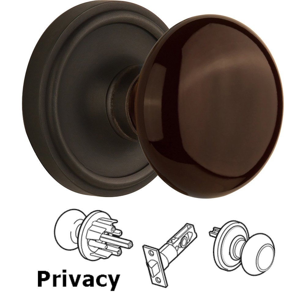 Nostalgic Warehouse Privacy Knob - Classic Rose with Brown Porcelain Knob in Oil Rubbed Bronze