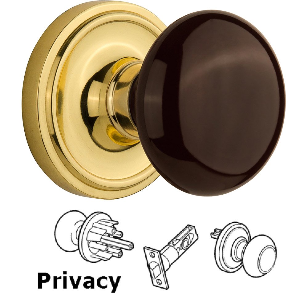 Nostalgic Warehouse Privacy Knob - Classic Rose with Brown Porcelain Knob in Polished Brass