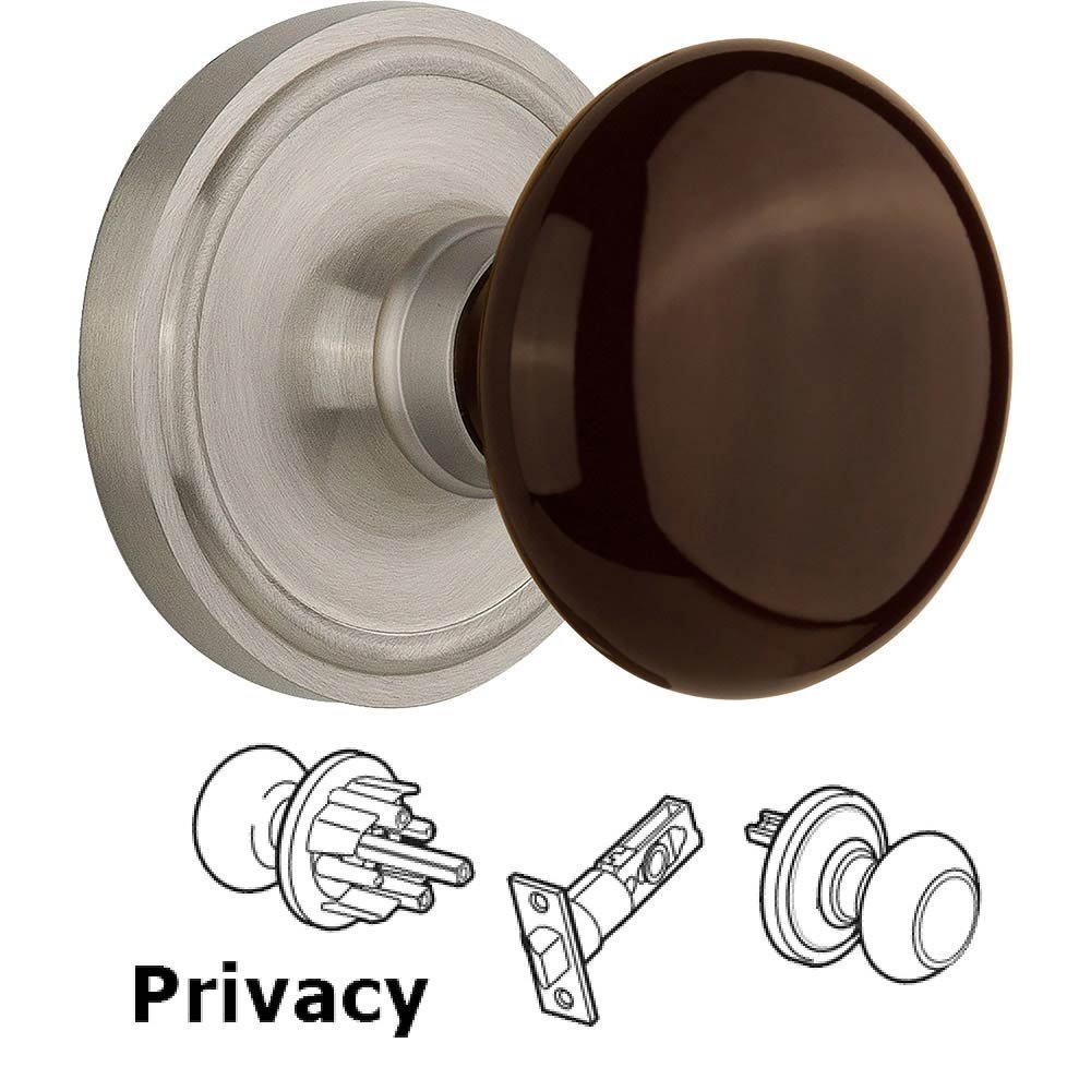 Nostalgic Warehouse Privacy Knob - Classic Rose with Brown Porcelain Knob in Satin Nickel
