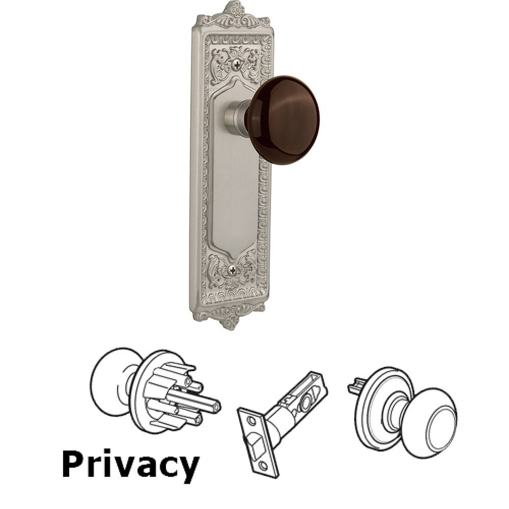 Nostalgic Warehouse Privacy Knob - Egg and Dart Plate with Brown Porcelain Knob without Keyhole in Satin Nickel