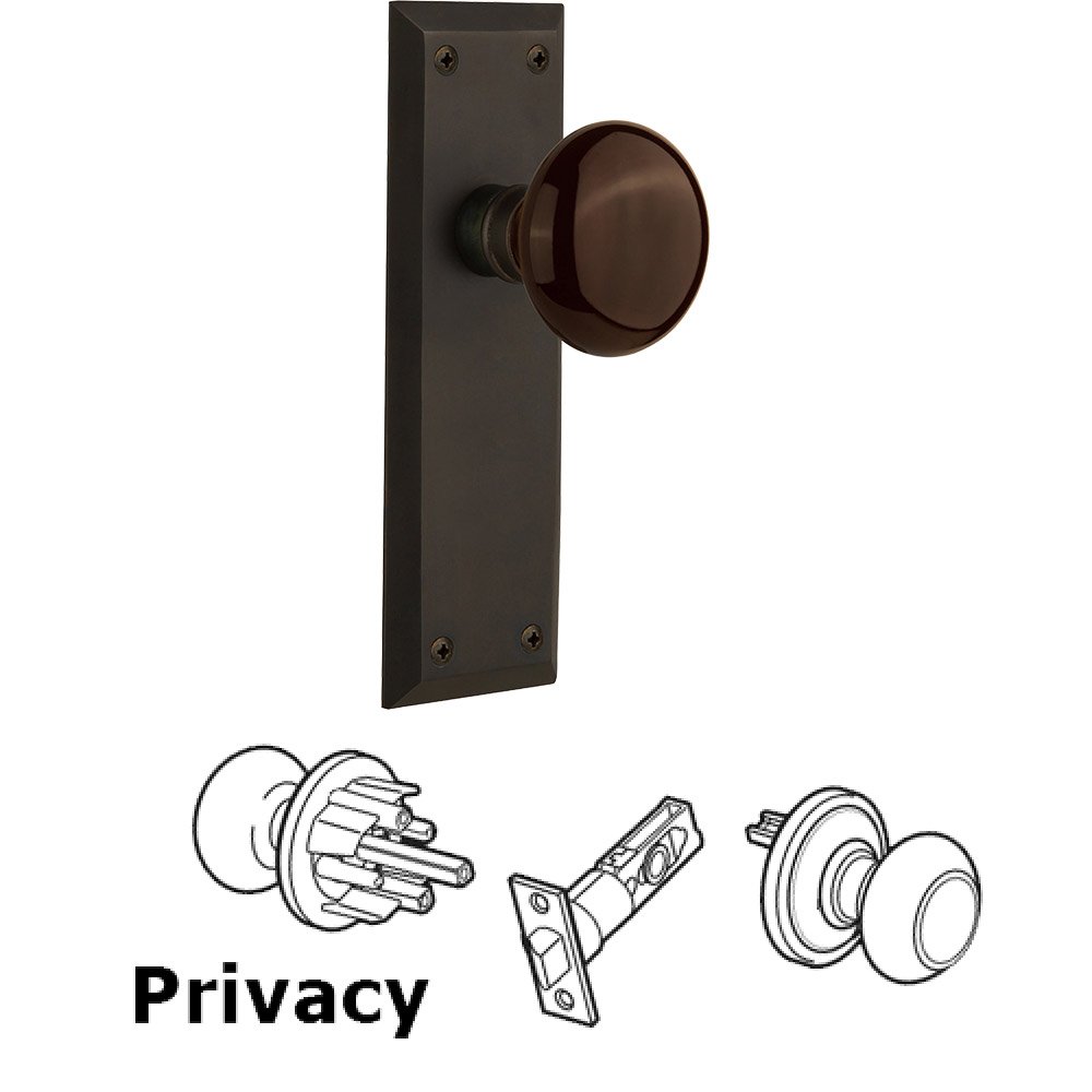 Nostalgic Warehouse Privacy Knob - New York Plate with Brown Porcelain Knob without Keyhole in Oil Rubbed Bronze