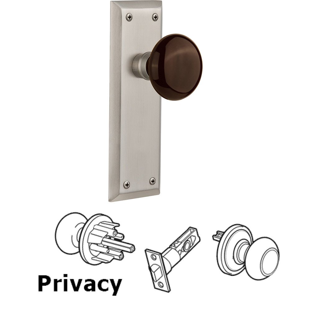 Nostalgic Warehouse Privacy Knob - New York Plate with Brown Porcelain Knob without Keyhole in Satin Nickel