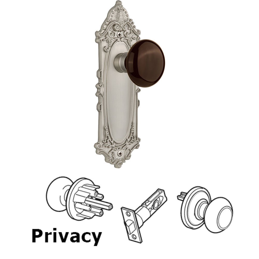 Nostalgic Warehouse Privacy Victorian Plate with Brown Porcelain Door Knob in Satin Nickel