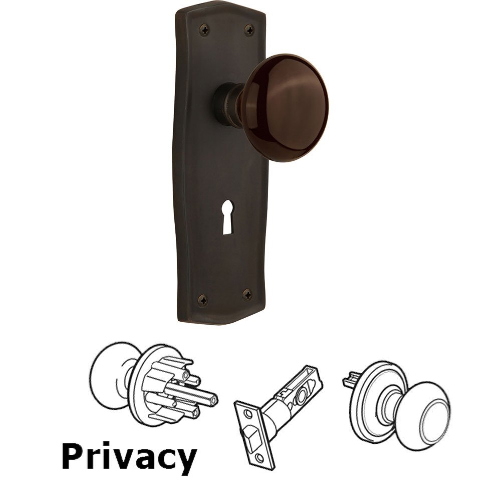 Nostalgic Warehouse Privacy Knob - Prairie Plate with Brown Porcelain Knob with Keyhole in Oil Rubbed Bronze