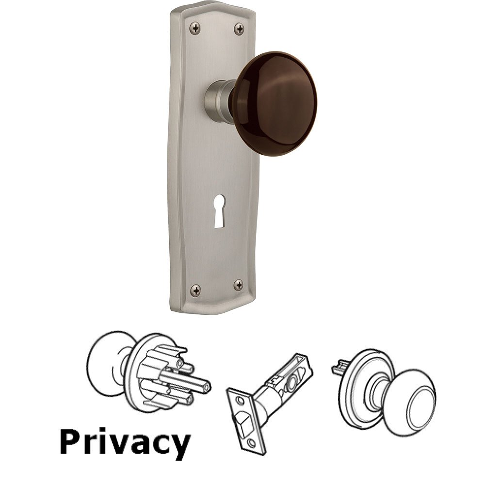 Nostalgic Warehouse Privacy Prairie Plate with Keyhole and Brown Porcelain Door Knob in Satin Nickel