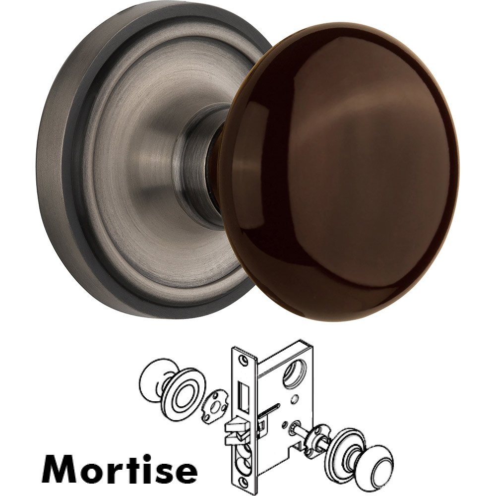 Nostalgic Warehouse Mortise - Classic Rose with Brown Porcelain Knob in Antique Pewter