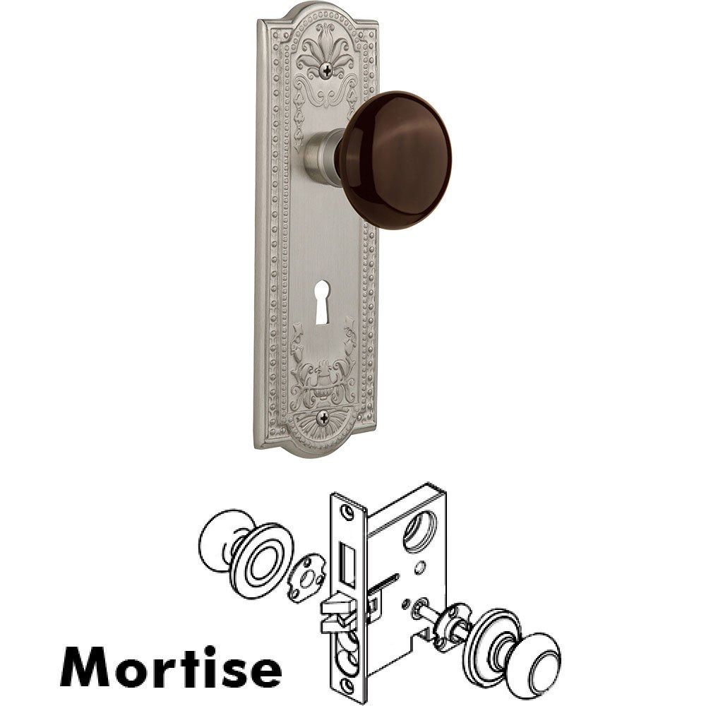 Nostalgic Warehouse Mortise - Meadows Plate with Brown Porcelain Knob with Keyhole in Satin Nickel
