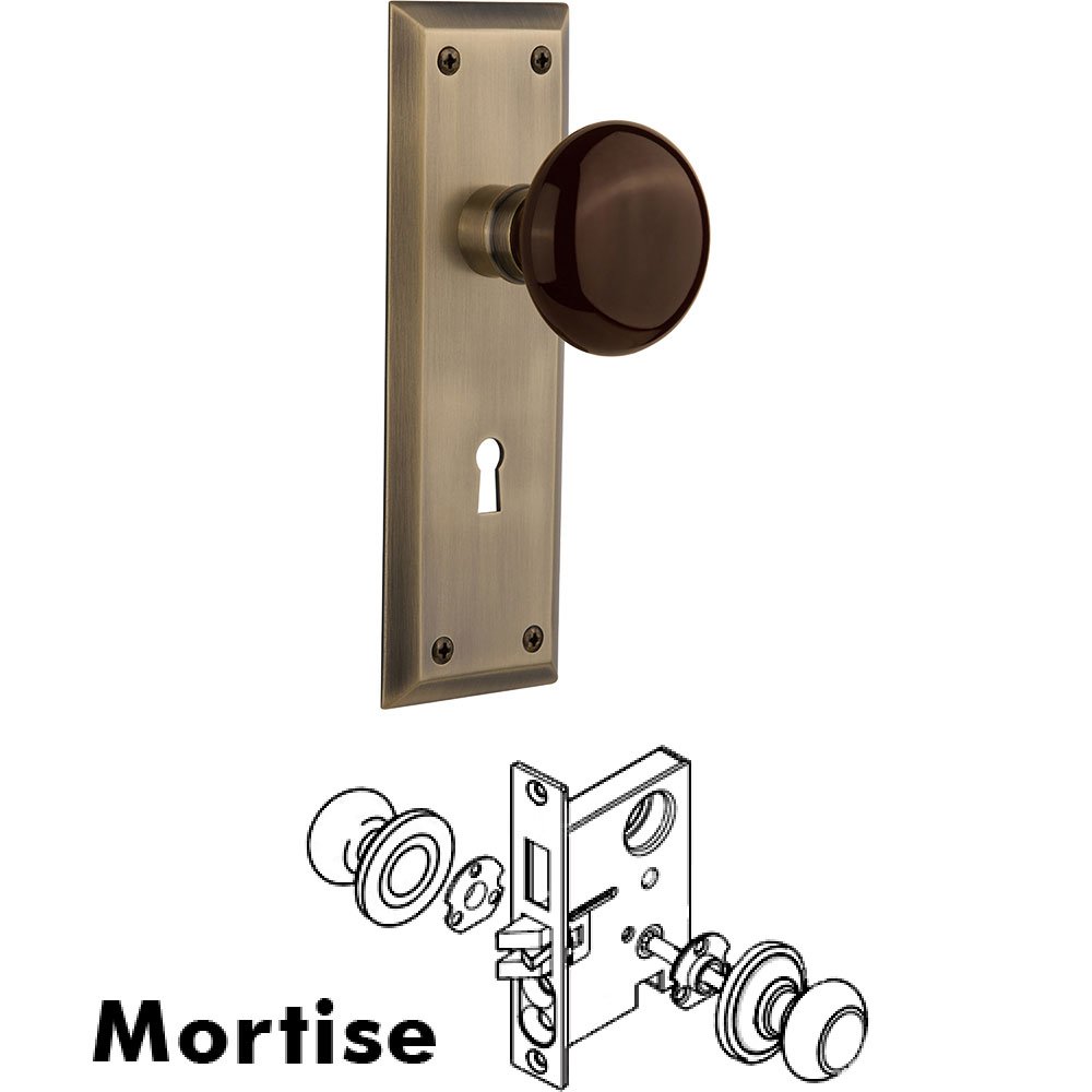 Nostalgic Warehouse Mortise - New York Plate with Brown Porcelain Knob with Keyhole in Antique Brass