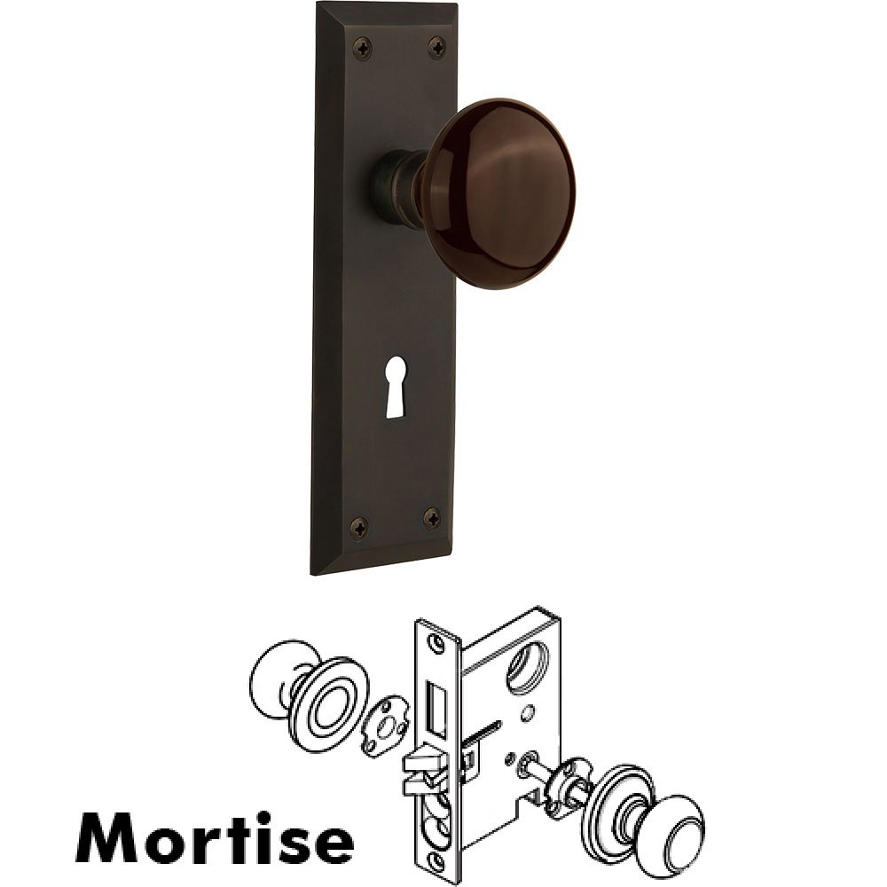Nostalgic Warehouse Mortise - New York Plate with Brown Porcelain Knob with Keyhole in Oil Rubbed Bronze