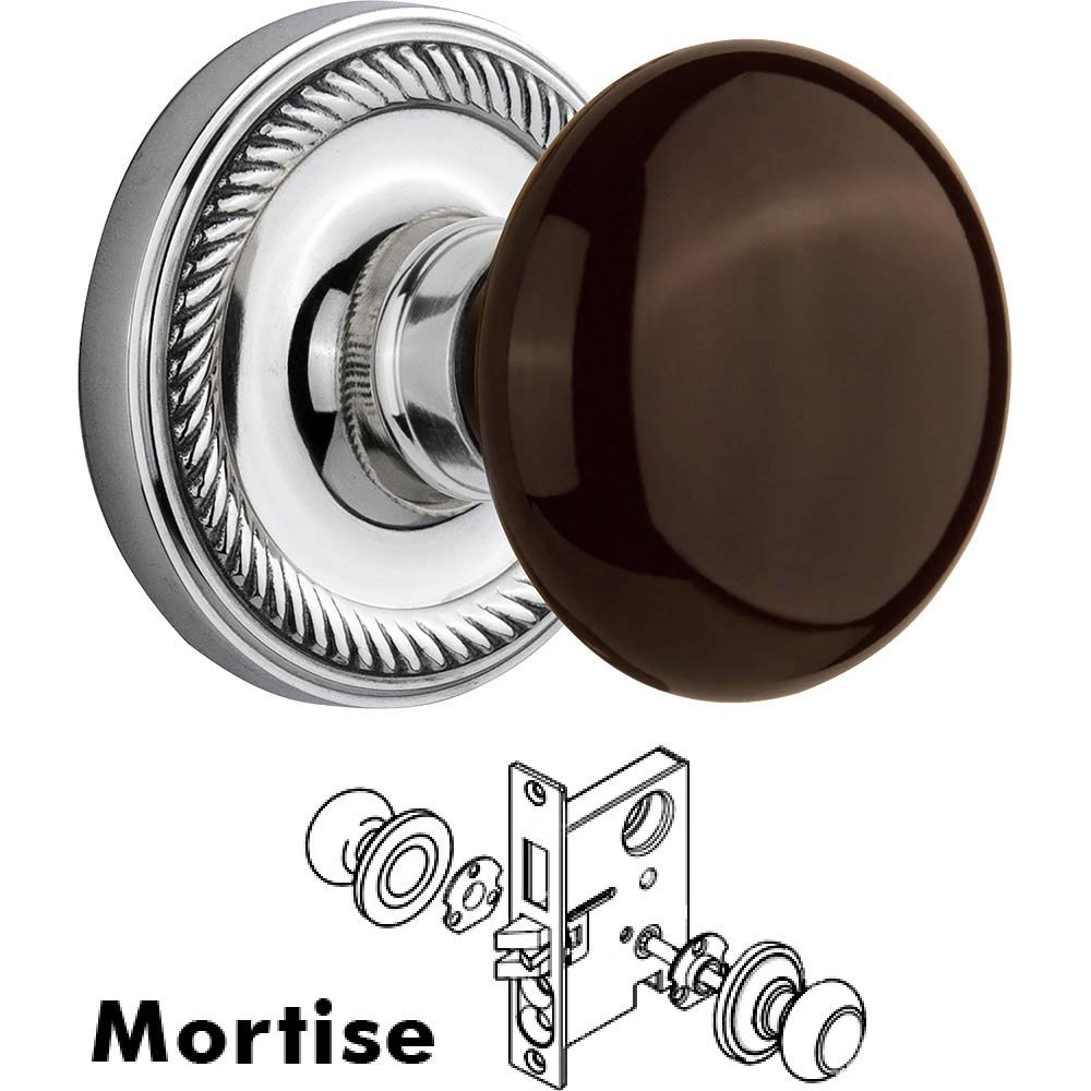 Nostalgic Warehouse Mortise - Rope Rose with Brown Porcelain Knob in Bright Chrome
