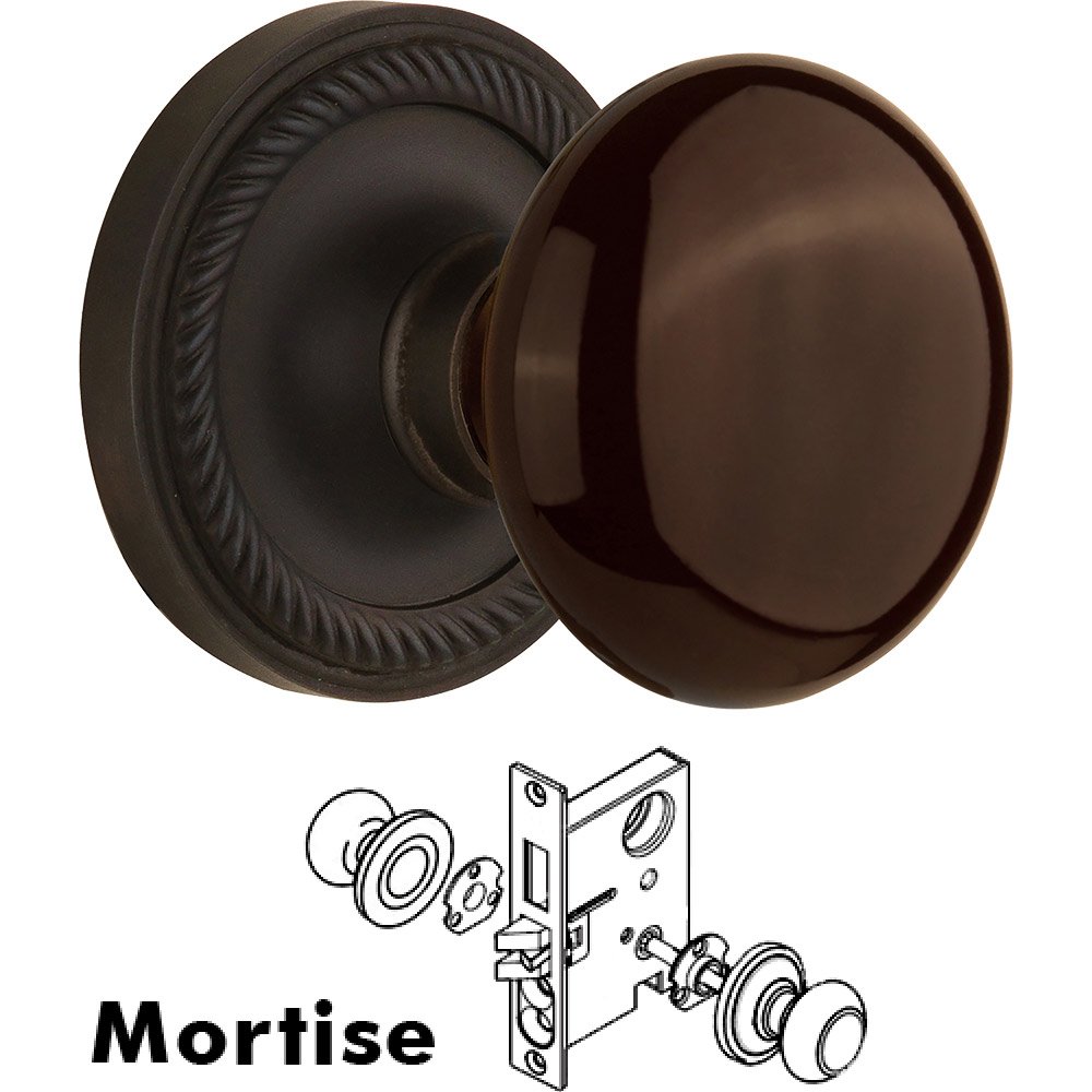 Nostalgic Warehouse Mortise - Rope Rose with Brown Porcelain Knob in Oil Rubbed Bronze