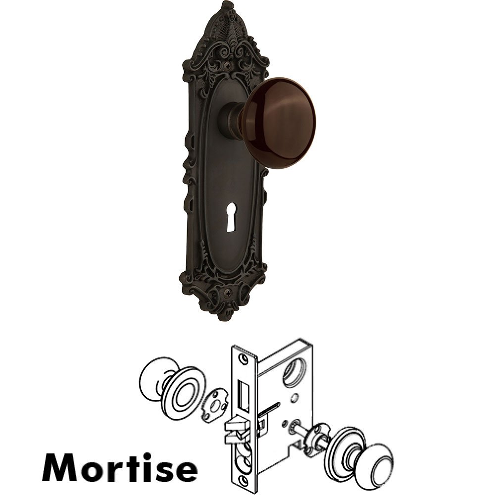 Nostalgic Warehouse Mortise - Victorian Plate with Brown Porcelain Knob with Keyhole in Oil Rubbed Bronze