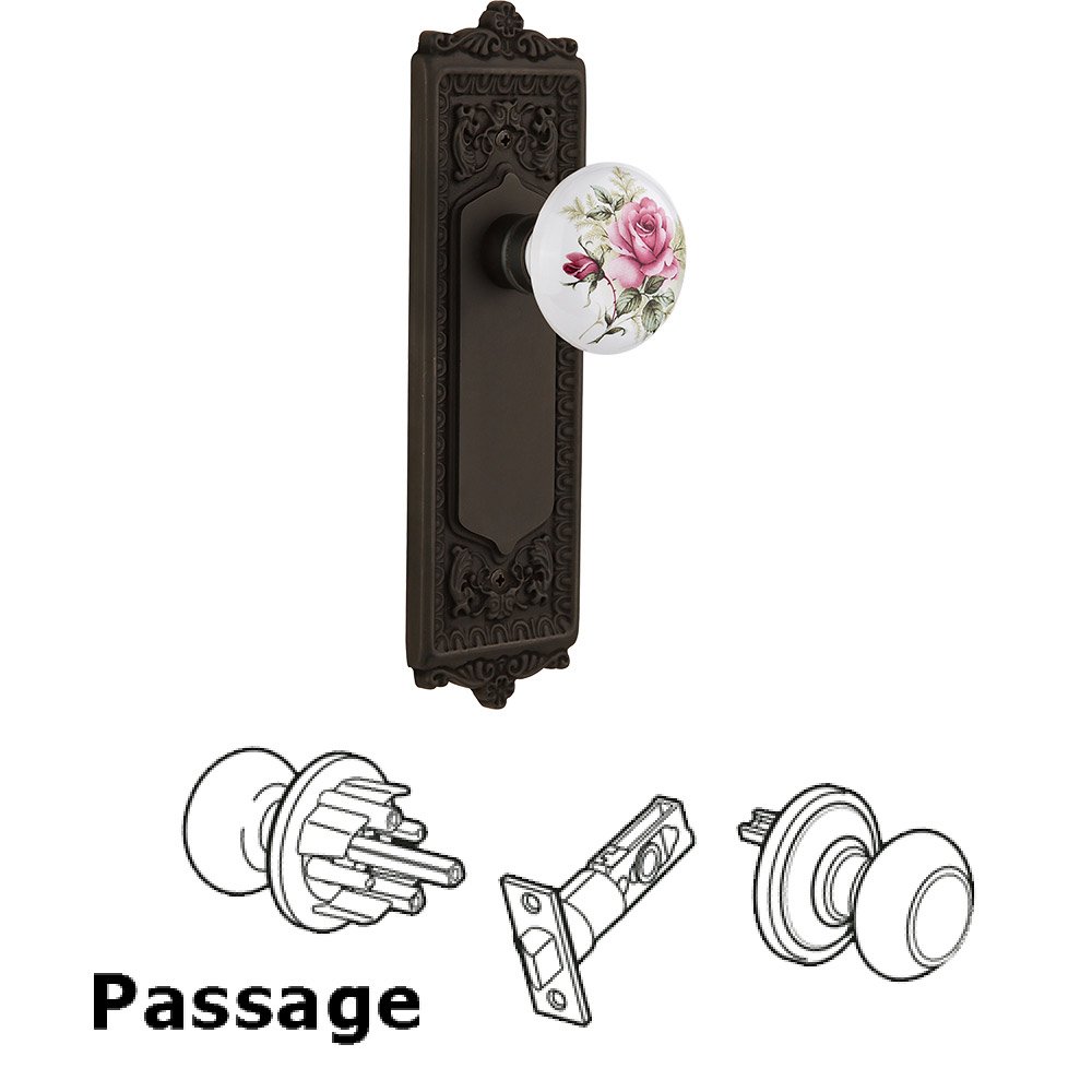 Nostalgic Warehouse Passage Knob - Egg and Dart Plate with Rose Porcelain Knob without Keyhole in Oil Rubbed Bronze
