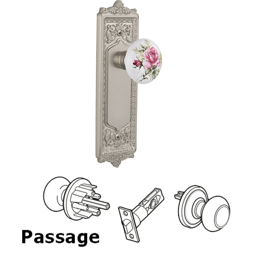 Nostalgic Warehouse Passage Knob - Egg and Dart Plate with Rose Porcelain Knob without Keyhole in Satin Nickel