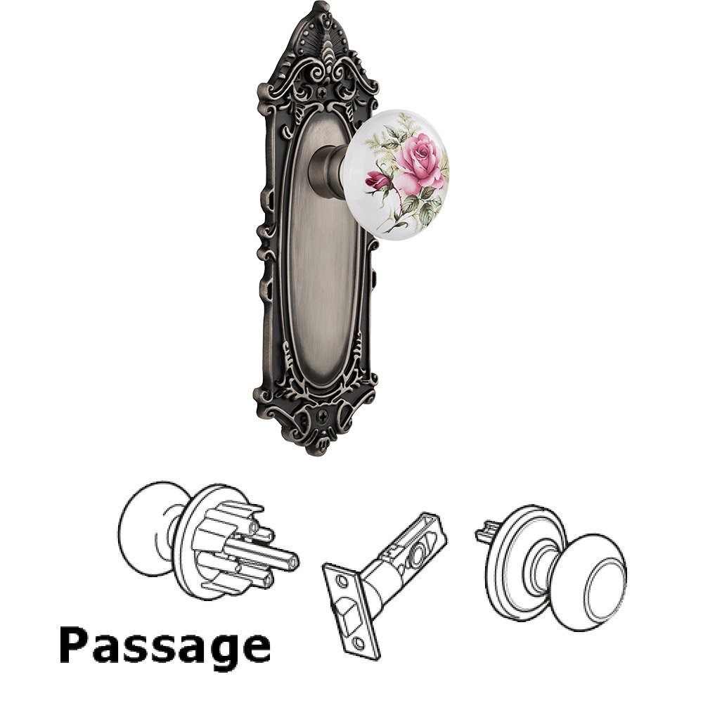 Nostalgic Warehouse Passage Victorian Plate with White Rose Porcelain Door Knob in Antique Pewter
