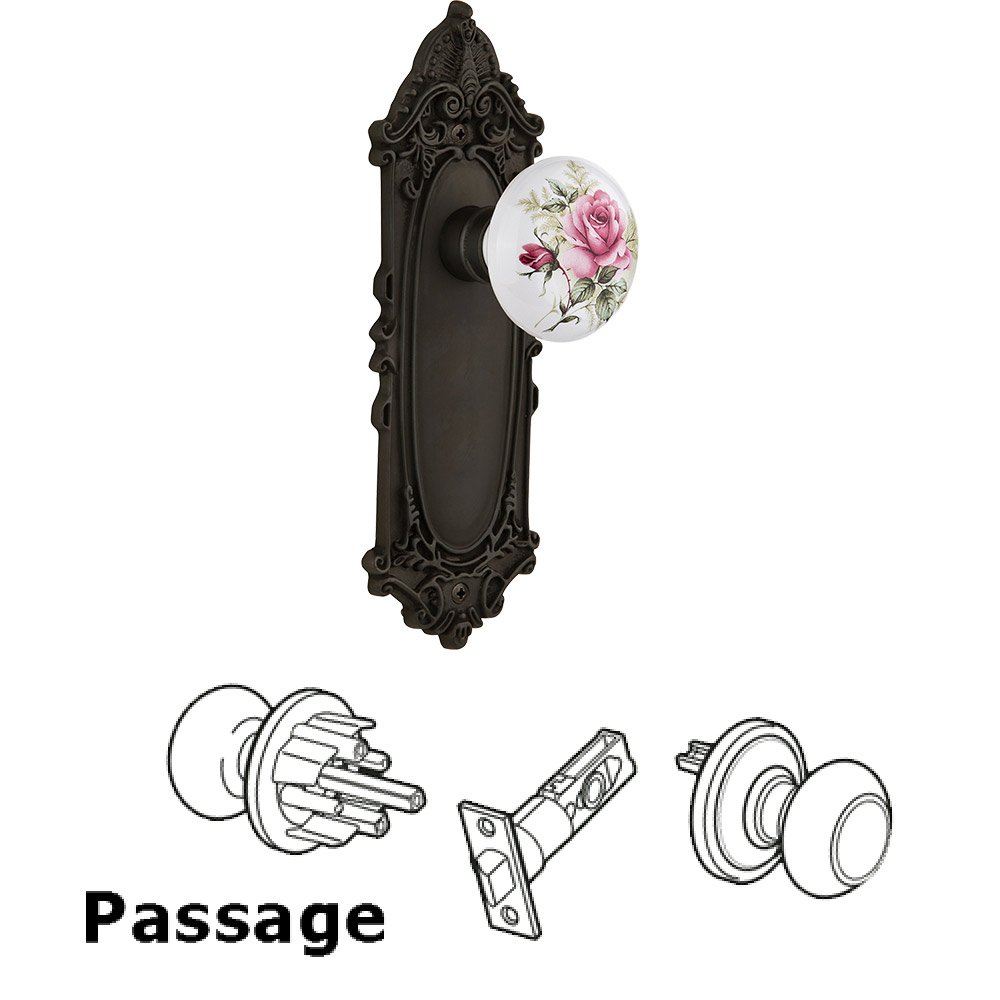 Nostalgic Warehouse Passage Knob - Victorian Plate with Rose Porcelain Knob without keyhole in Oil Rubbed Bronze