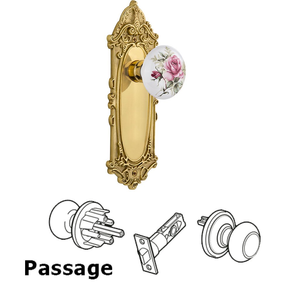 Nostalgic Warehouse Passage Victorian Plate with White Rose Porcelain Door Knob in Polished Brass