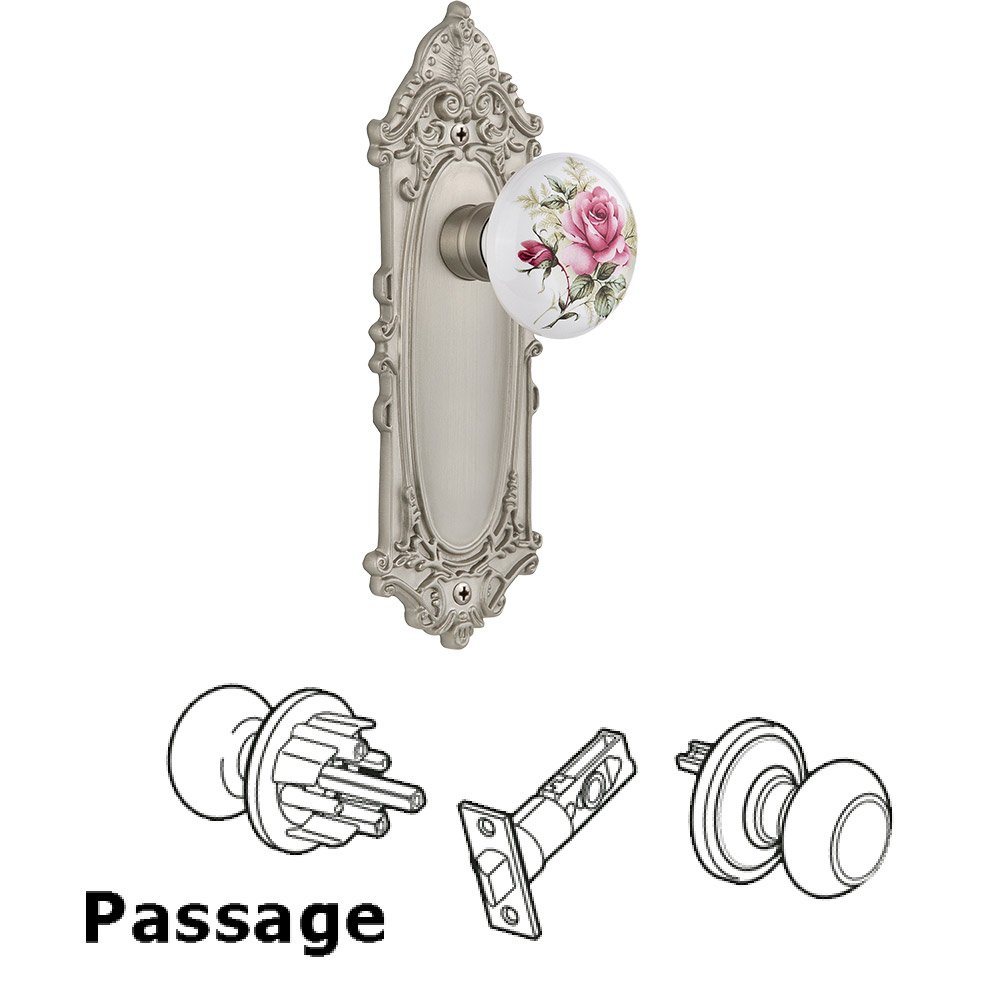 Nostalgic Warehouse Passage Knob - Victorian Plate with Rose Porcelain Knob without keyhole in Satin Nickel