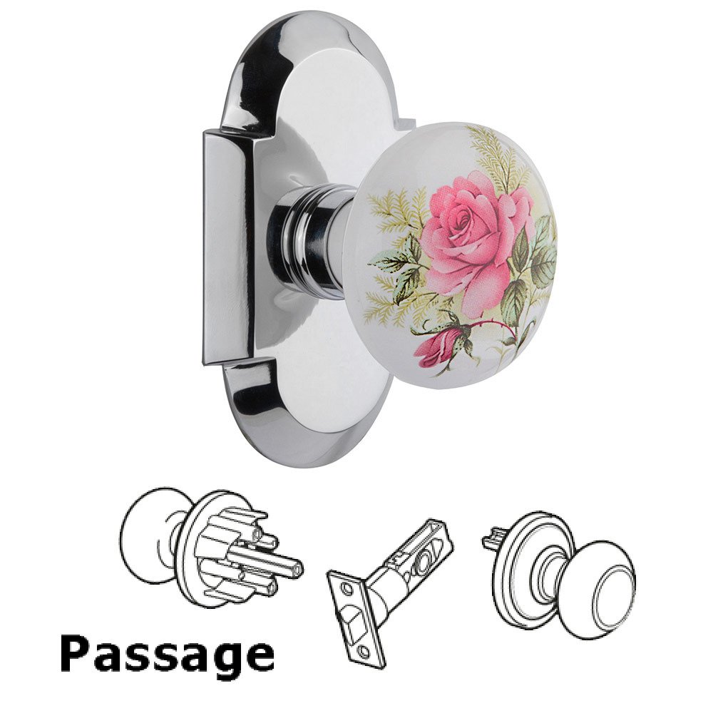 Nostalgic Warehouse Passage Cottage Plate with White Rose Porcelain Knob in Bright Chrome