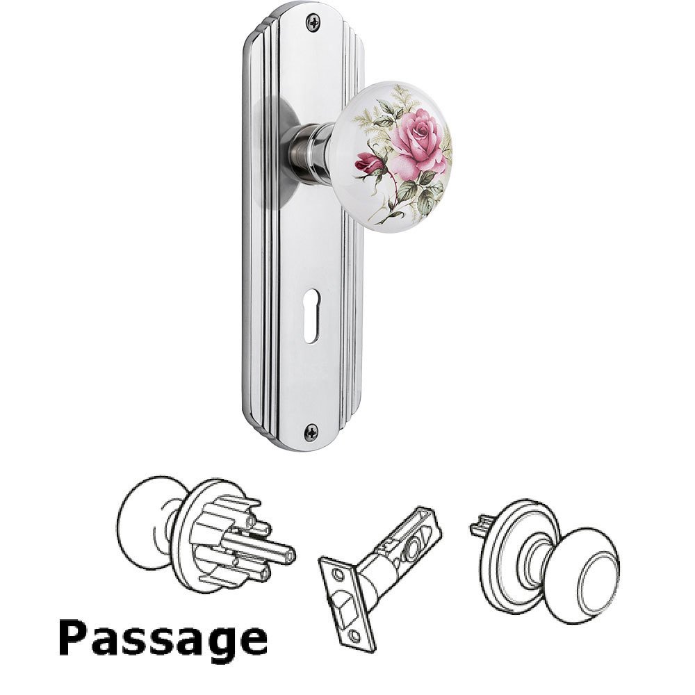 Nostalgic Warehouse Passage Deco Plate with Keyhole and White Rose Porcelain Door Knob in Bright Chrome