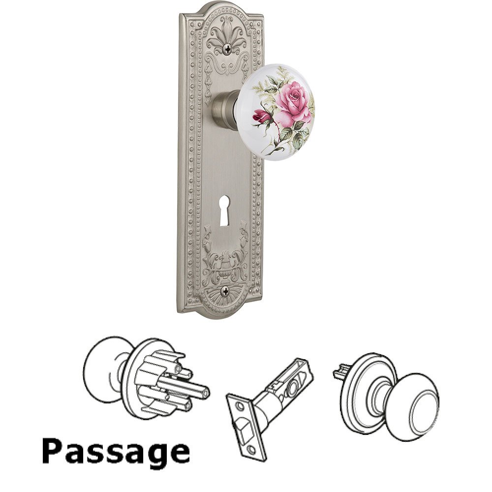 Nostalgic Warehouse Passage Knob - Meadows Plate with Rose Porcelain Knob with Keyhole in Satin Nickel