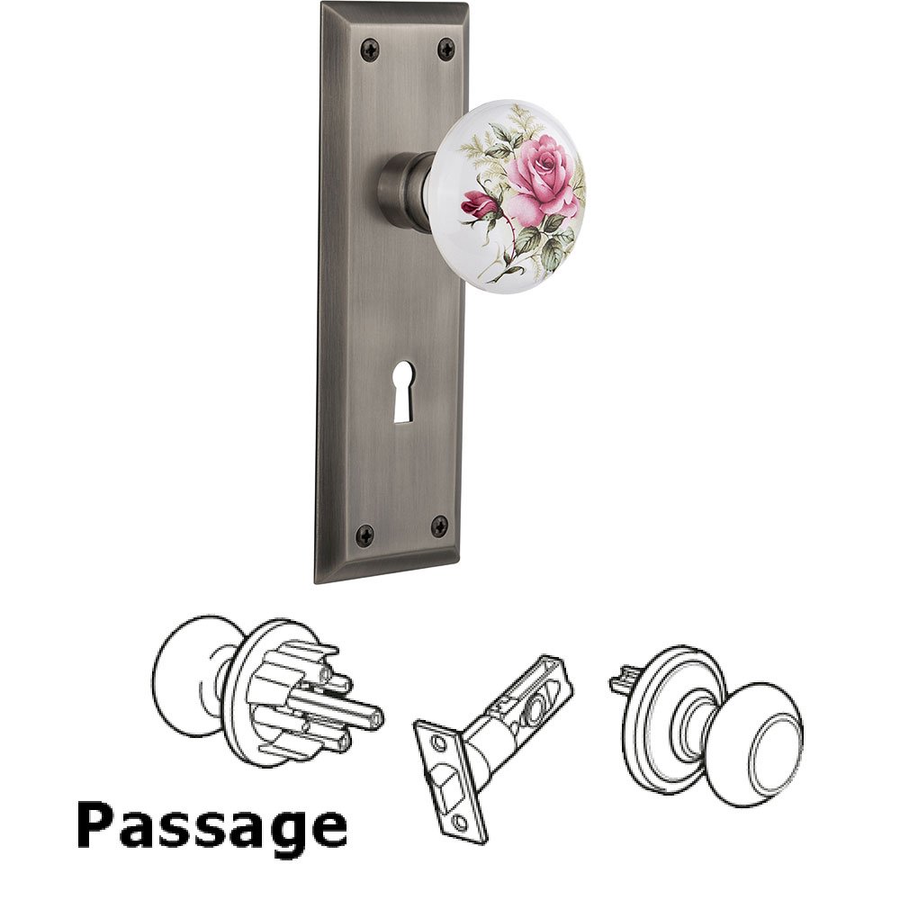 Nostalgic Warehouse Passage Knob - New York Plate with Rose Porcelain Knob with Keyhole in Antique Pewter