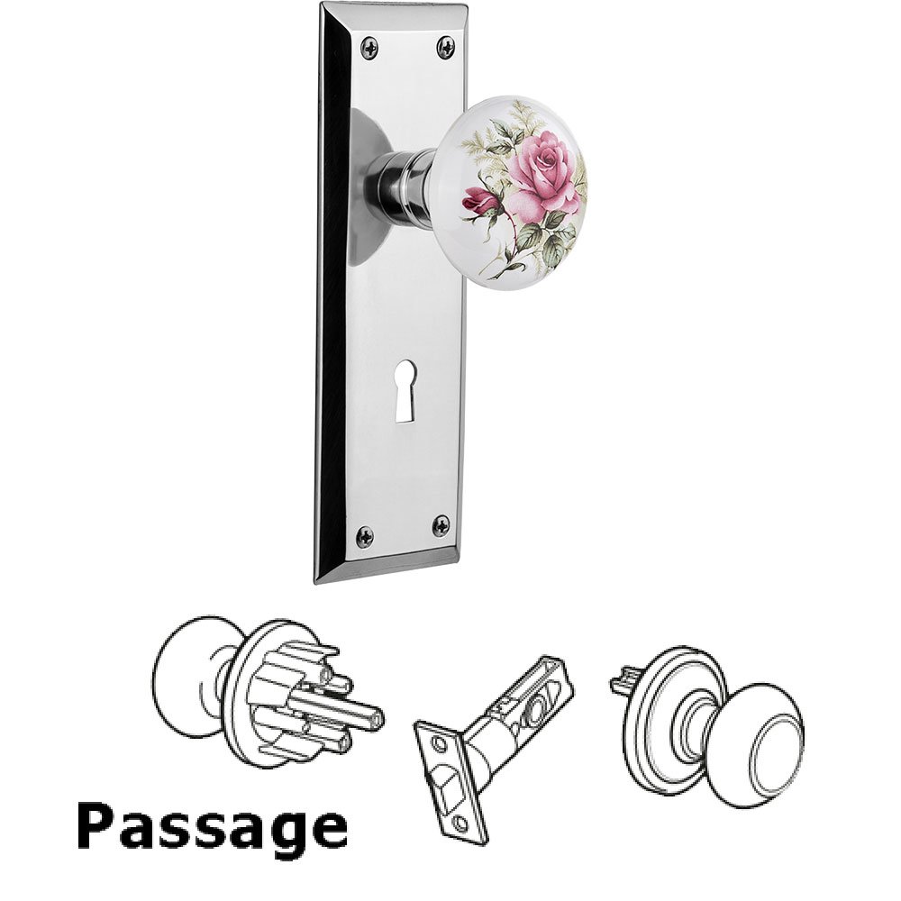 Nostalgic Warehouse Passage New York Plate with Keyhole and White Rose Porcelain Door Knob in Bright Chrome