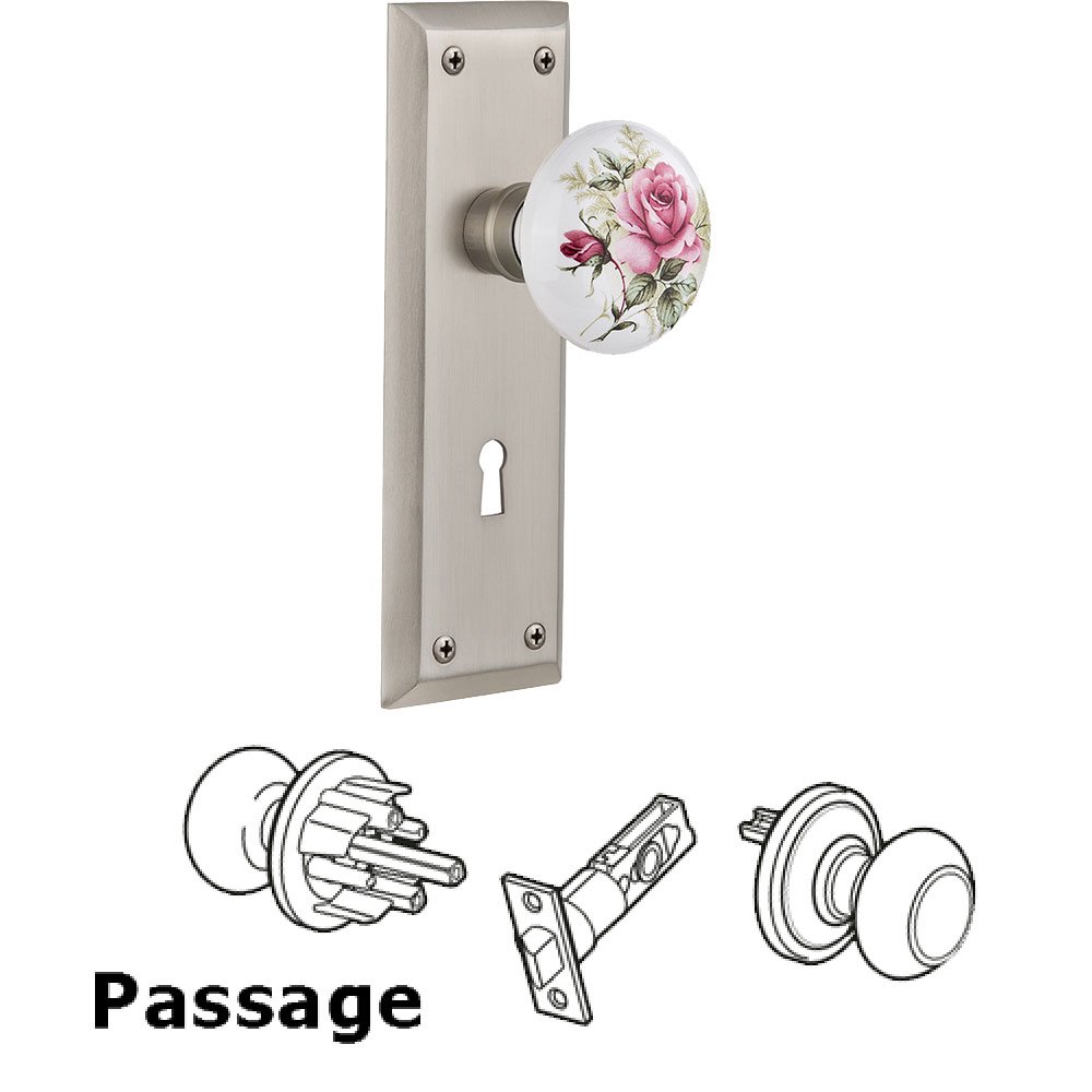 Nostalgic Warehouse Passage New York Plate with Keyhole and White Rose Porcelain Door Knob in Satin Nickel