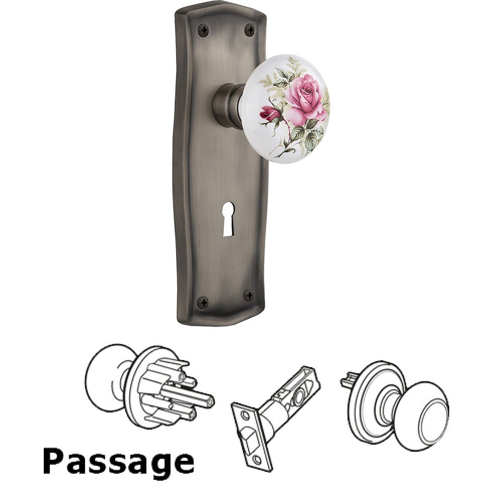 Nostalgic Warehouse Passage Prairie Plate with Keyhole and White Rose Porcelain Door Knob in Antique Pewter