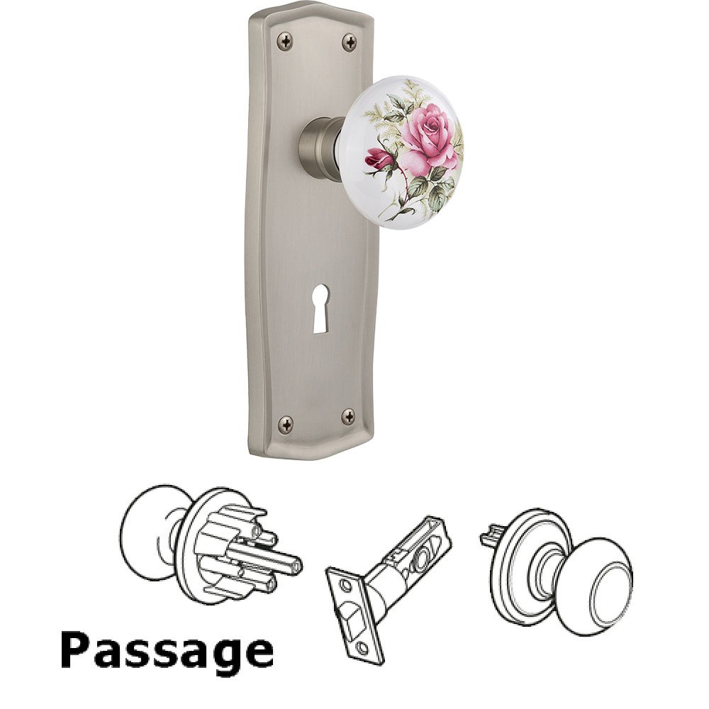 Nostalgic Warehouse Passage Prairie Plate with Keyhole and White Rose Porcelain Door Knob in Satin Nickel