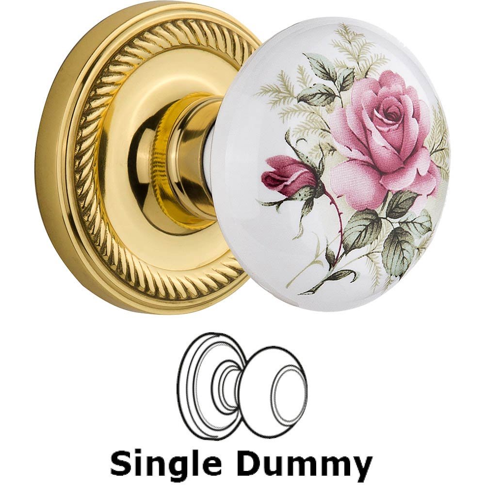 Nostalgic Warehouse Single Dummy - Rope Rose with Rose Porcelain Knob in Polished Brass