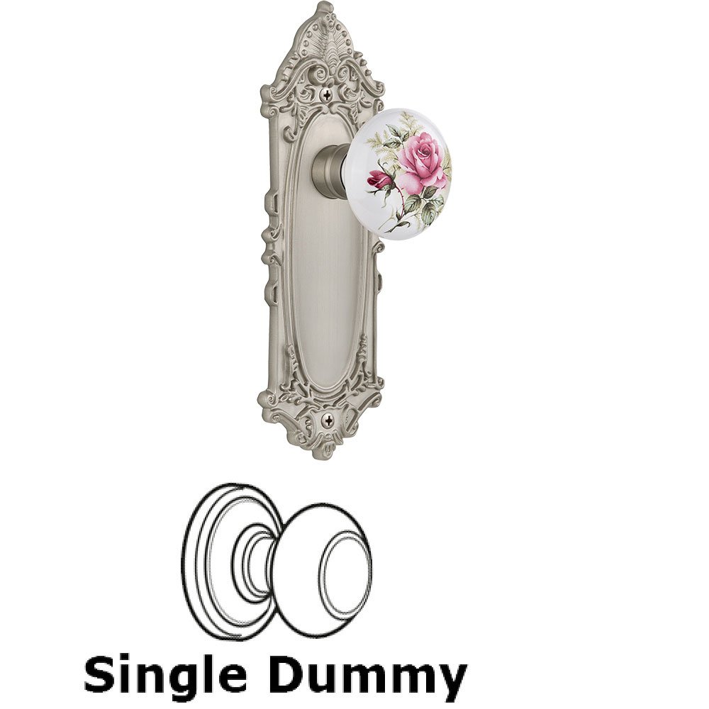 Nostalgic Warehouse Single Dummy - Victorian Plate with Rose Porcelain Knob without keyhole in Satin Nickel