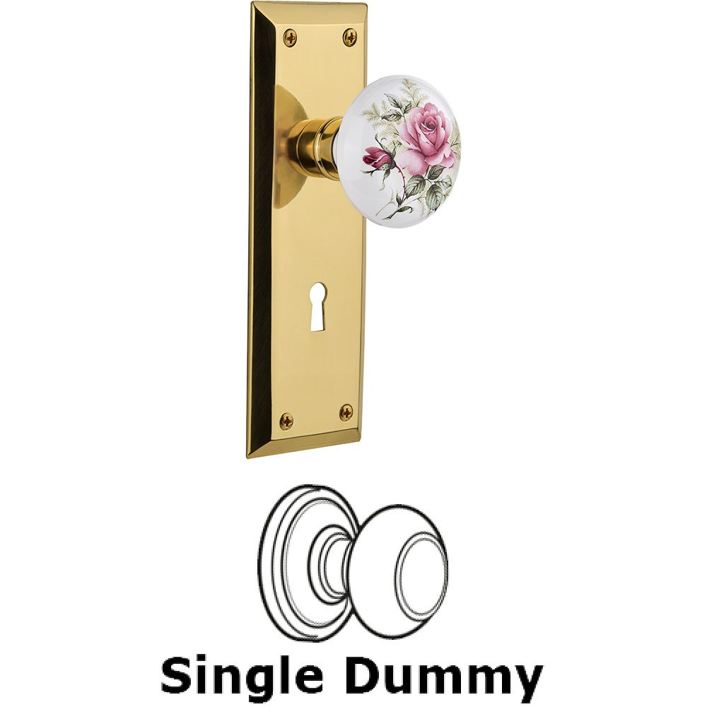 Nostalgic Warehouse Single Dummy - New York Plate with Rose Porcelain Knob with Keyhole in Polished Brass