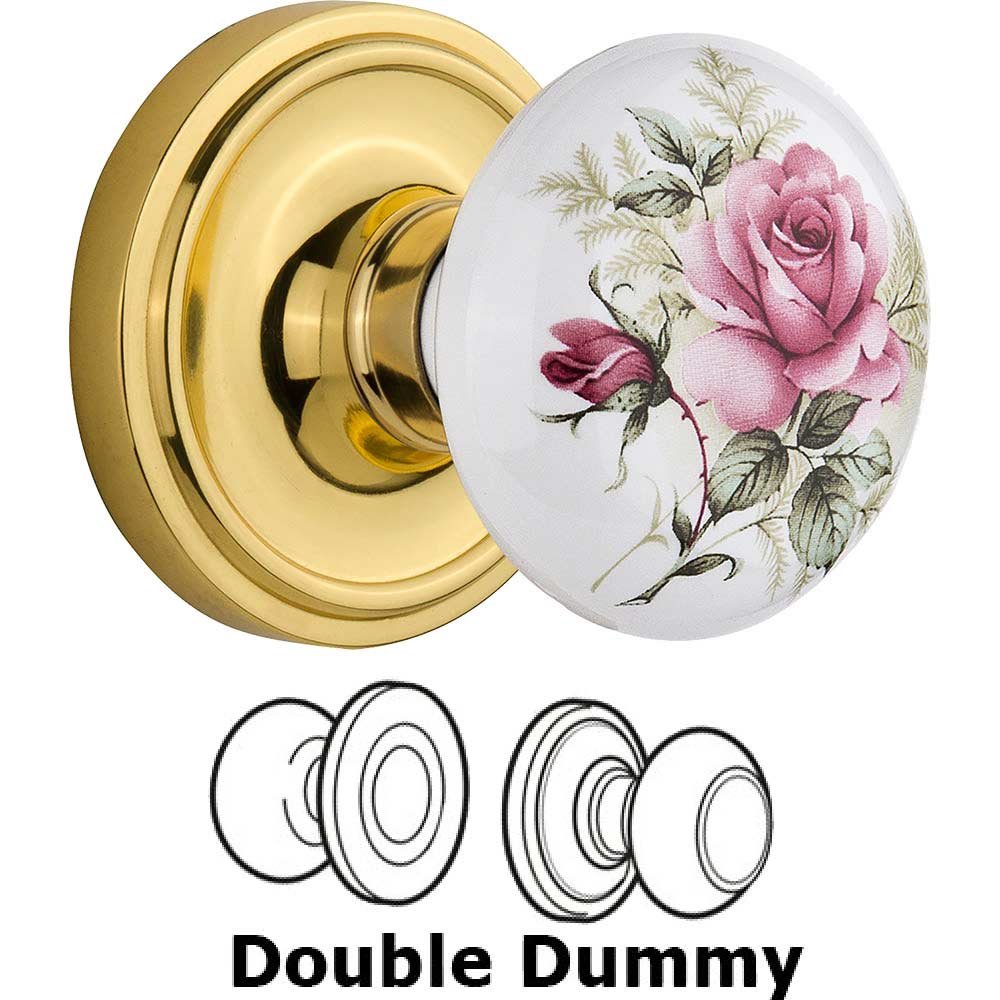 Nostalgic Warehouse Double Dummy Classic Rose with Rose Porcelain Knob in Polished Brass