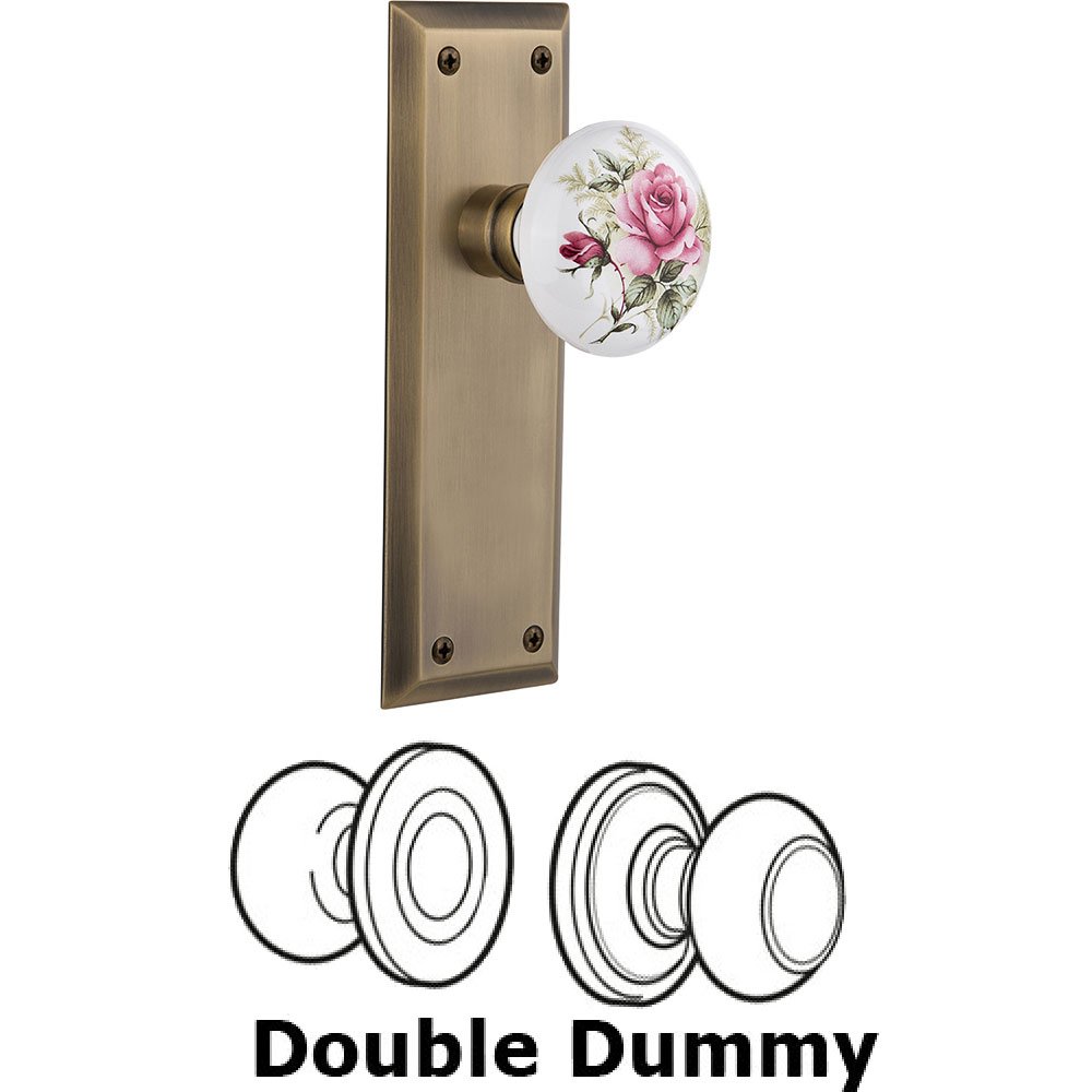 Nostalgic Warehouse Double Dummy - New York Plate with Rose Porcelain Knob without Keyhole in Antique Brass
